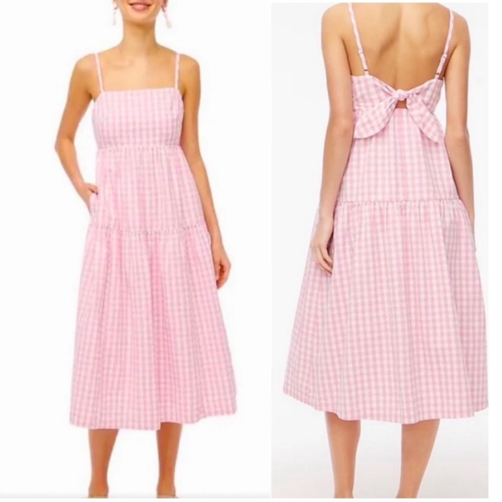 J. Crew Pink Gingham Tie-Back Midi Dress